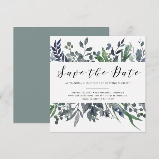 Waterverf Blad | Trouw Save the Date Kaart (Voorkant / Achterkant)