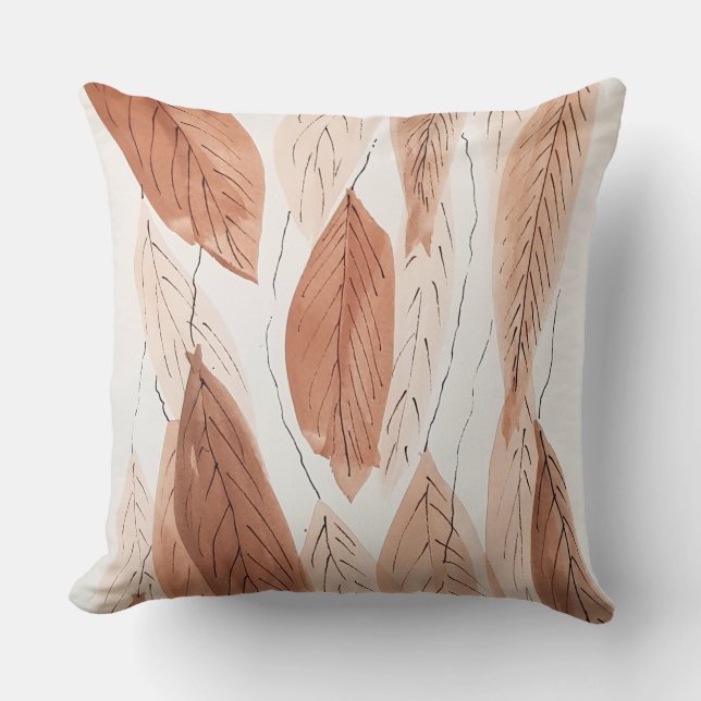 Waterverf Bladeren Bruin Terracotta Beige Grijs Kussen (Voorkant)