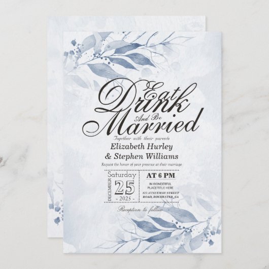 Waterverf Bladeren EAT Drinken & Trouwen Trouwdag Kaart (Voorkant / Achterkant)