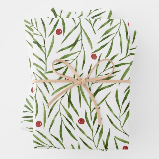 Waterverf Bladeren en Berries Winter Inpakpapier Vel (In situ)