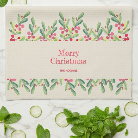 Waterverf bladeren en bessen kerst theedoek (Gevouwen)