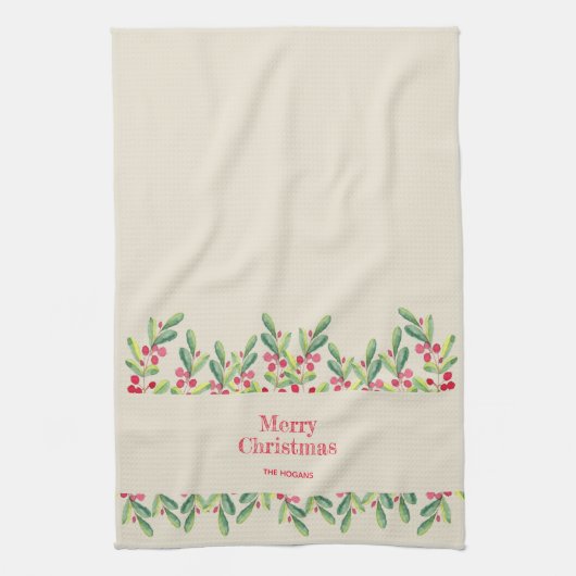 Waterverf bladeren en bessen kerst theedoek (Verticaal)