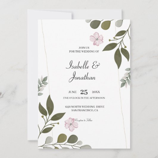 Waterverf bladeren en bloemen bruiloft kaart (Voorkant)