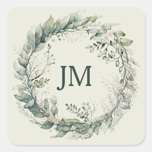 Waterverf bladeren en bloemenkrans vierkante sticker (Voorkant)