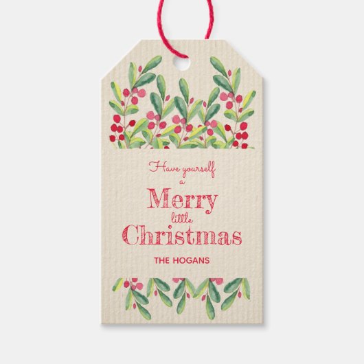 Waterverf bladeren en kerst op feestdag cadeaulabel (Voorkant)