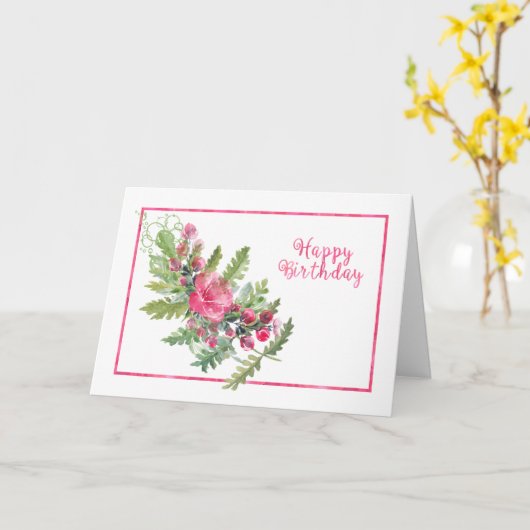 Waterverf bladeren en roze bloemen Kaart (Gele Bloem)