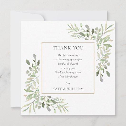 Waterverf Bladeren Groene Baby Shower Poëzie Bedankkaart (Voorkant)