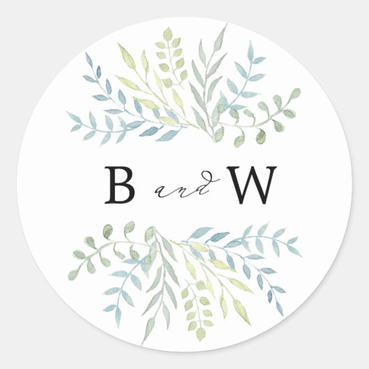 Waterverf Bladeren in Groene tinten Bruiloft Ronde Sticker (Voorkant)