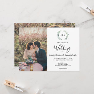 Waterverf bladeren monogram foto Bruiloft Kaart