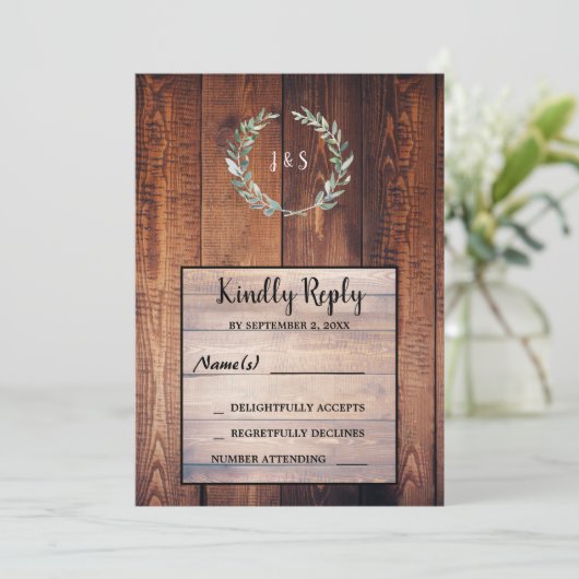 Waterverf bladeren op bijthout, monogrammed RSVP Kaart (Staand voorkant)