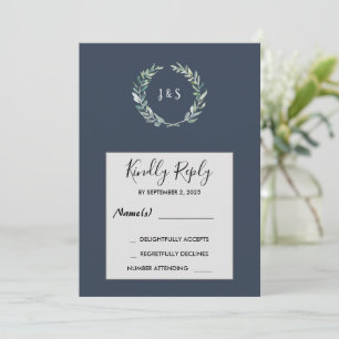 Waterverf bladeren op marineblauw monogramme RSVP Kaart