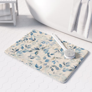 Waterverf Bladeren Patroon Blauw Beige Crème Badmat