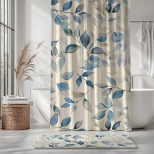 Waterverf Bladeren Patroon Blauw Beige Crème