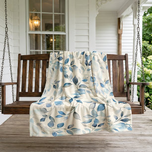 Waterverf Bladeren Patroon Blauw Beige Crème Fleece Deken
