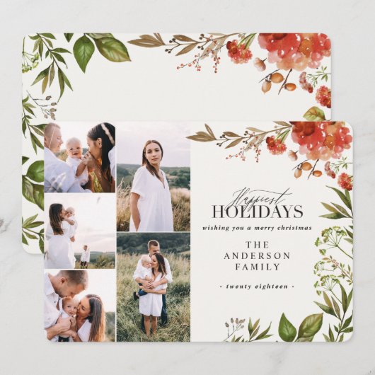 Waterverf bladervlek met meerfotokerstmis feestdagenkaart (Voorkant / Achterkant)