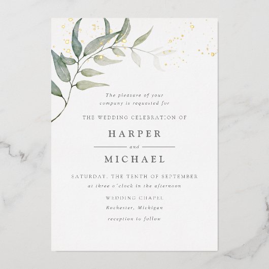 Waterverf bladgoudshimmer bruiloft folie uitnodiging (Voorkant)