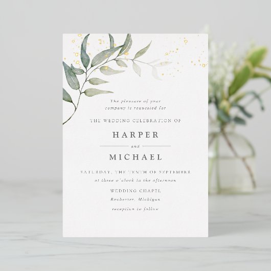 Waterverf bladgoudshimmer bruiloft folie uitnodiging (Staand Voorkant)