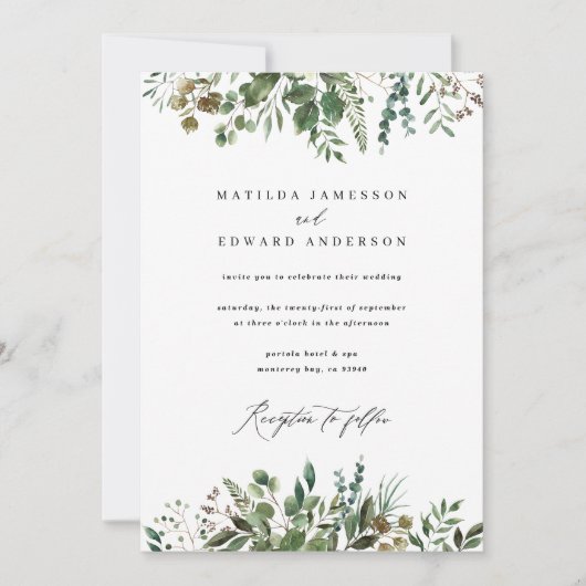 Waterverf bladgroen botanisch bruiloft aankondiging (Voorkant)