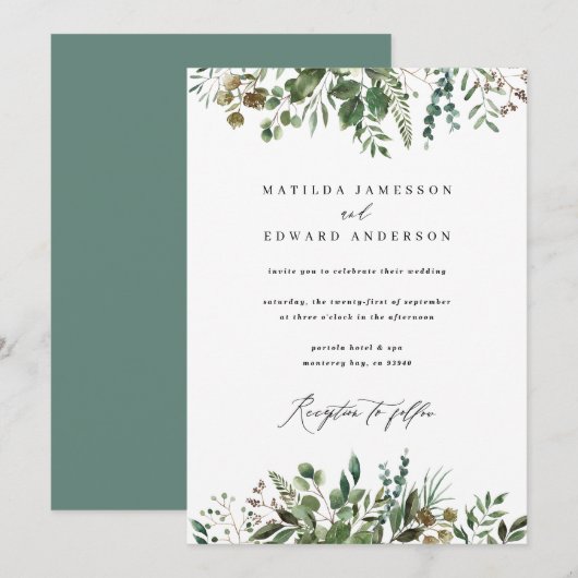 Waterverf bladgroen botanisch bruiloft aankondiging (Voorkant / Achterkant)