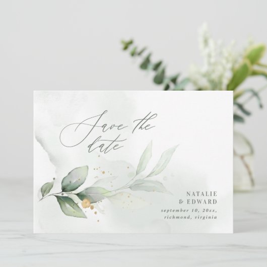 Waterverf bladgroen en metalen gouden bruiloft save the date (Staand voorkant)
