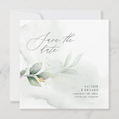 Waterverf bladgroen en metalen gouden bruiloft save the date (Voorkant)