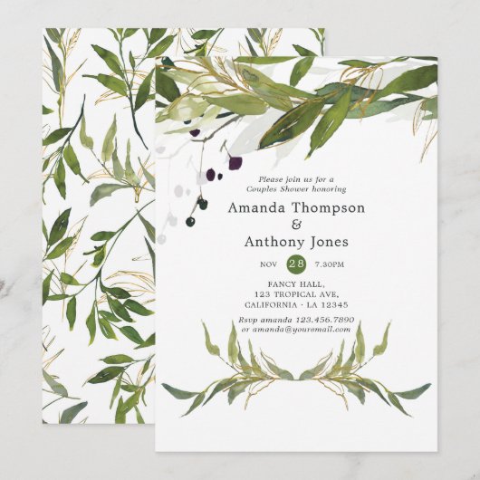 Waterverf bladgroene koppel shower kaart (Voorkant / Achterkant)