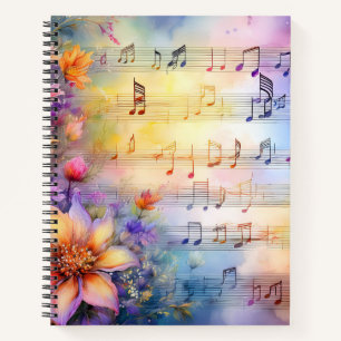 WATERVERF BLADMUZIEK MET KLEURRIJKE BLOEMEN NOTITIEBOEK