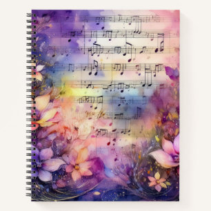 WATERVERF BLADMUZIEK MET KLEURRIJKE BLOEMEN NOTITIEBOEK