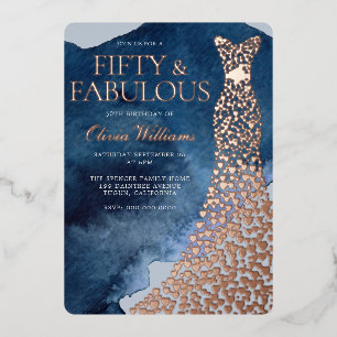 Waterverf Blauw 50ste Verjaardag Roos Gouden Jurk Folie Uitnodiging