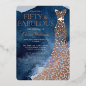 Waterverf Blauw 50ste Verjaardag Roos Gouden Jurk Folie Uitnodiging (Voorkant)