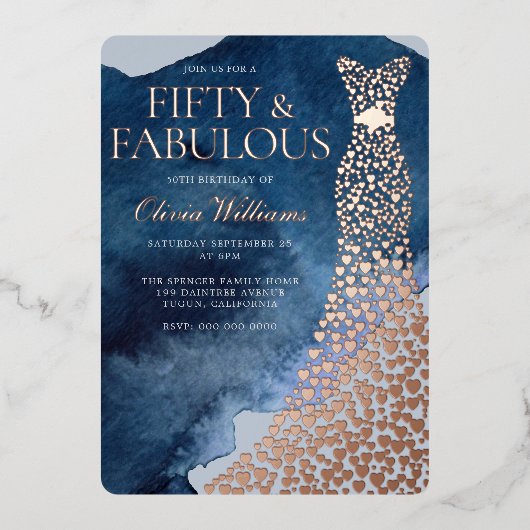 Waterverf Blauw 50ste Verjaardag Roos Gouden Jurk Folie Uitnodiging (Voorkant)