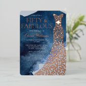 Waterverf Blauw 50ste Verjaardag Roos Gouden Jurk Folie Uitnodiging (Staand Voorkant)