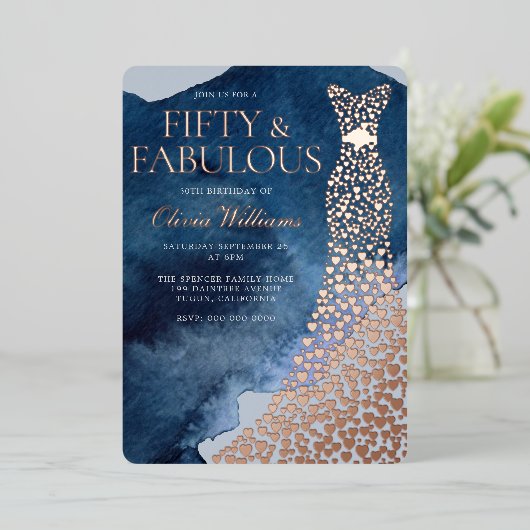 Waterverf Blauw 50ste Verjaardag Roos Gouden Jurk Folie Uitnodiging (Staand Voorkant)