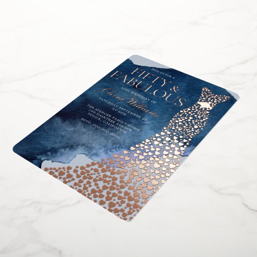 Waterverf Blauw 50ste Verjaardag Roos Gouden Jurk Folie Uitnodiging (Gedraaid)