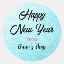 Waterverf blauw Aangepast merk Gelukkig nieuwjaar Ronde Sticker