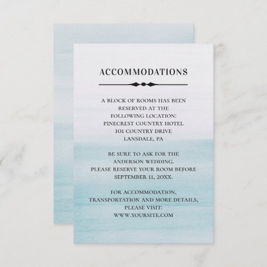 Waterverf blauw accommodaties. Trouwdetails Informatiekaartje (Voorkant / Achterkant)