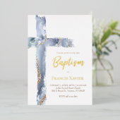 waterverf blauw agaat kruis doop folie uitnodiging (Staand Voorkant)