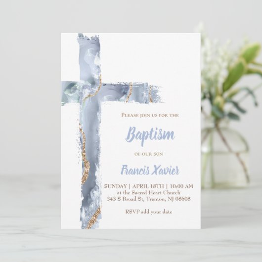 waterverf blauw agaat kruis doop kaart (Staand voorkant)