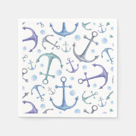 Waterverf blauw ankerpatroon. Nautisch strand Servet