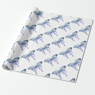 Waterverf blauw Aqua Paarse vlinder Cadeaupapier