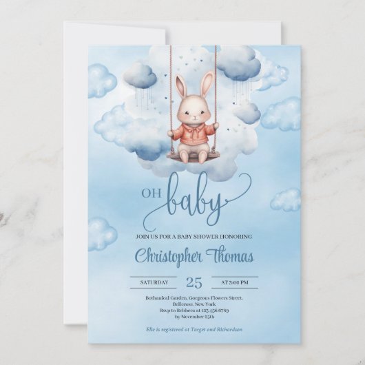 Waterverf blauw baby konijntje op schommel in de l kaart (Voorkant)