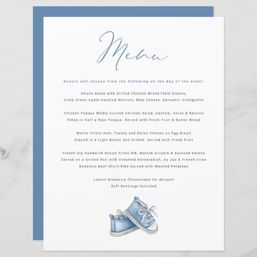 Waterverf Blauw Baby Schoenen Baby shower Menu (Voorkant / Achterkant)