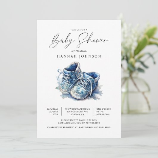 Waterverf Blauw Baby Schoenen Jongen Baby shower Kaart (Staand voorkant)