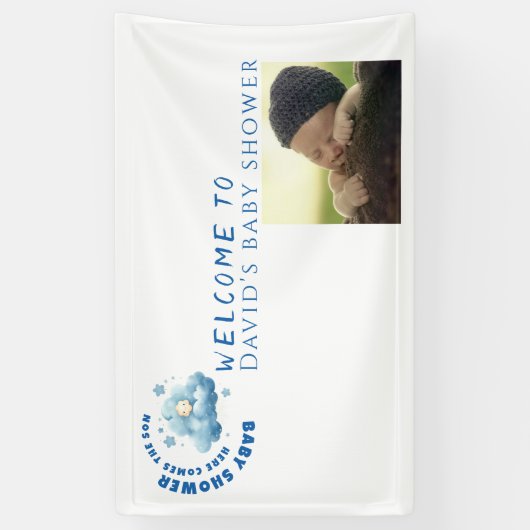 Waterverf blauw baby shower jongen foto welkom spandoek (Verticaal)