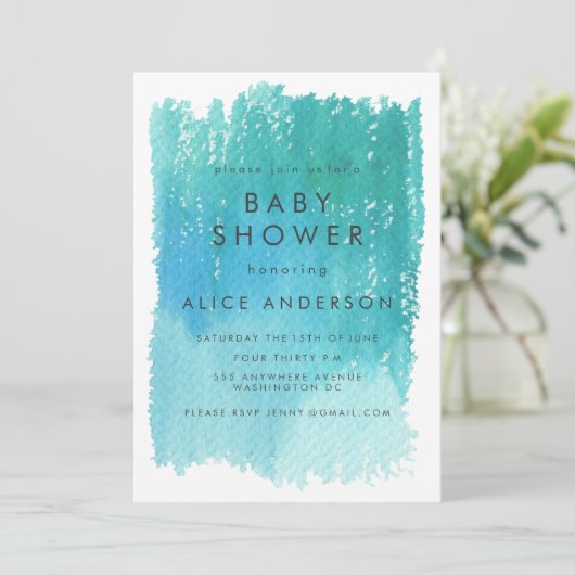 Waterverf blauw Baby shower uitnodigen Kaart (Staand voorkant)