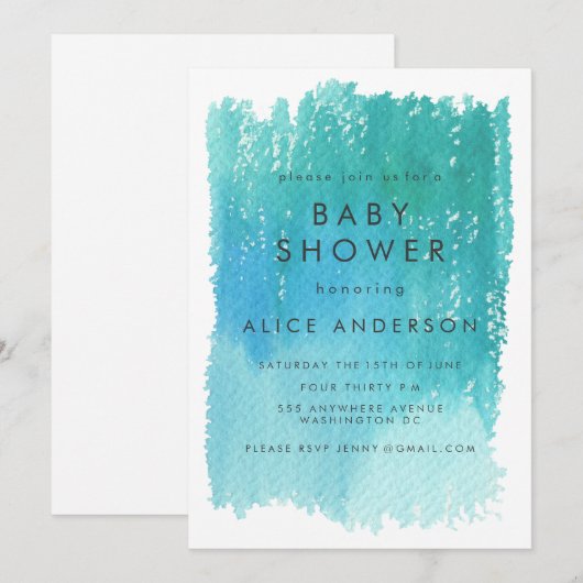 Waterverf blauw Baby shower uitnodigen Kaart (Voorkant / Achterkant)
