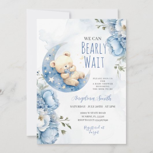 Waterverf Blauw Beer Barly Wachten Baby shower Kaart (Voorkant)