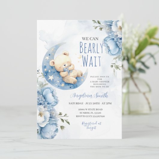 Waterverf Blauw Beer Barly Wachten Baby shower Kaart (Staand voorkant)