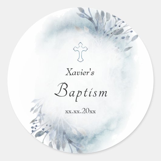 waterverf blauw blad | Baptisme Ronde Sticker (Voorkant)