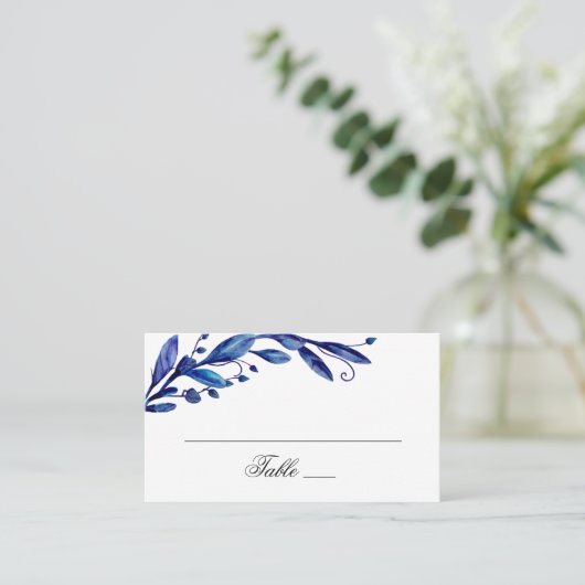 Waterverf blauw blad. Marine botanische bruiloft Plaatskaartje (Staand voorkant)